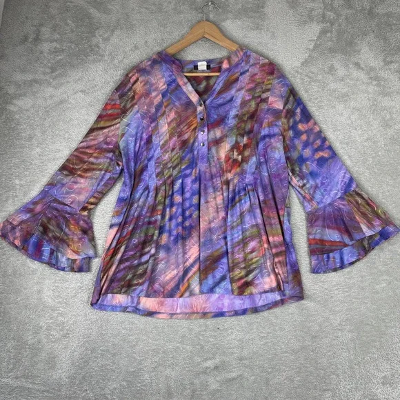 Cocomo Blouse Women XL Purple Tie Dye Bell Sleeve Pleated Henley Boho Whimsigoth - Picture 1 of 9
